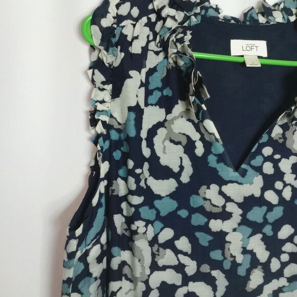 ⭐ Loft Abstract V-neck Sleeveless Silk Blend Blouse Ruffle Lightweight Lined Lge - Picture 4 of 7